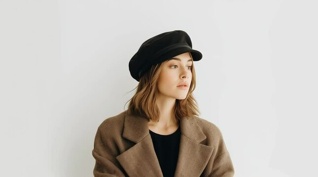 Young woman in brown coat and black cap looking up with thoughtful expression against white background