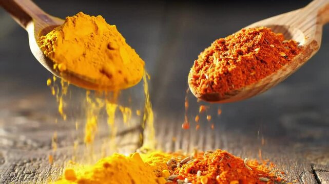 Close-up of turmeric, cumin, and chili powder being poured from wooden spoons in slow motion