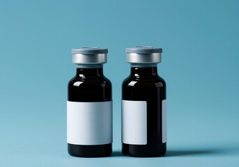 Obraz premium Two Amber Glass Vials with Blank White Labels on a Light Blue Background