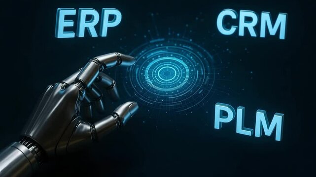 A metallic robotic hand gestures toward a glowing hub surrounded by erp, crm and plm acronyms. Concept of enterprise software integration and intelligent automation.
