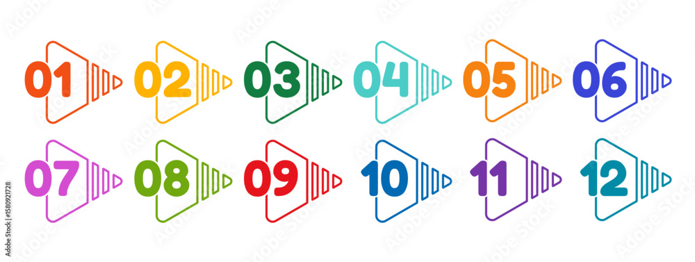 Fototapete  Flat vector illustration of set of markers from 1 to 12 isolated on white background. Colored markers with numbers. Web icon template. Abstract concept graphic element for infographics