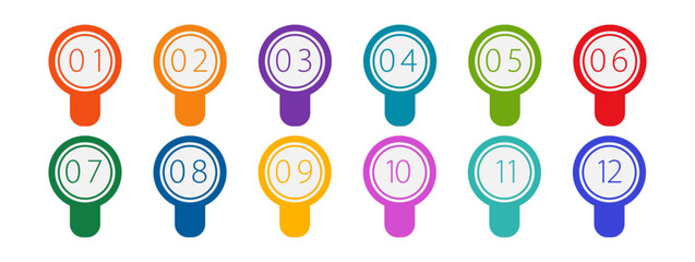 Colorful bullet points set of numbers from zero to twelve. Multicolored circles and numbers. Set of markers with numbers. Vector flat icons isolated on white background