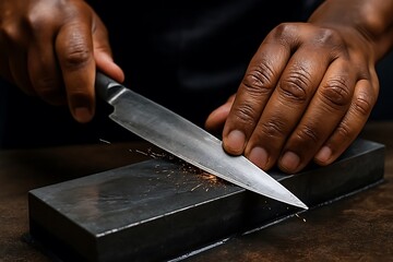 Sharpening Precision – Close-Up of Knife on Whetstone with Sparks