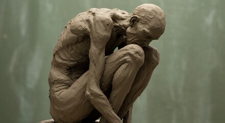 Brown clay sculpture of a hunched emaciated human figure in a pensive pose on a green backdrop