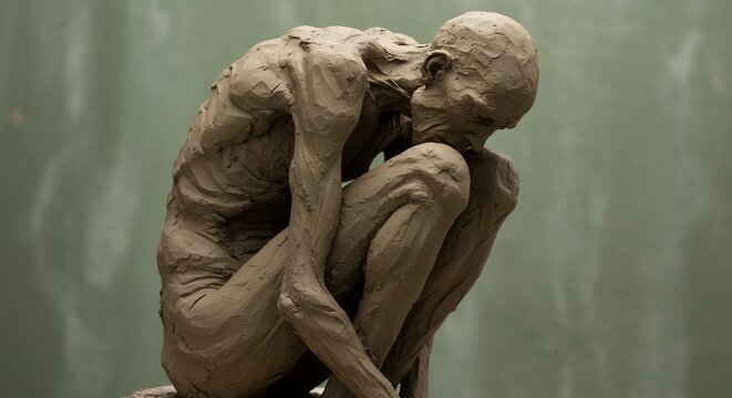 Brown clay sculpture of a hunched emaciated human figure in a pensive pose on a green backdrop