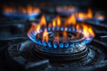Close up of Gas Stove Burner with Vivid Blue and Orange Flames
