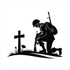 Soldier kneeling in remembrance before a cross and grave marker