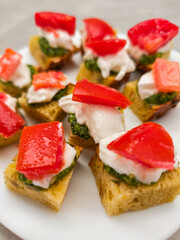 Delicious italian appetizers with tomatoes, mozzarella, and pesto on toasted bread
