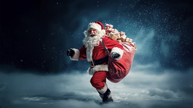Happy Santa Claus carrying big bag with presents on to delivery Christmas gifts, winter snowing snowflakes