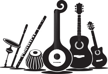 Naklejka premium Black silhouette of diverse musical instruments guitar