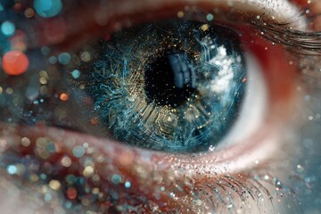 Close up of a Blue Eye with Gold and Teal Glitter and Bokeh