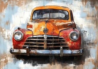 Vintage Red Classic Car in Artistic Grunge Style &ndash; Retro Automobile Illustration with Weathered Texture and Nostalgic Charm
