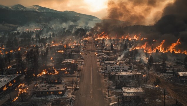 Aerial view of a town ravaged by wildfire.  Flames engulf homes and businesses,  with smoke billowing.  Mountain range in background.  Empty street bisects destroyed area