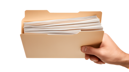 A hand holding a beige file folder with visible white documents isolated on transparent  background
