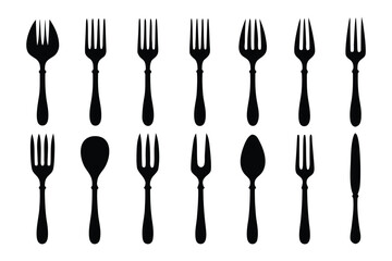 A collection of black silhouette icons featuring various types of forks spoons and a knife arranged in two rows against a white background