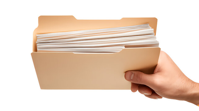 A hand holding a beige file folder with visible white documents isolated on transparent  background