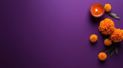 Elegant diwali setup with decorative diya and marigold flowers