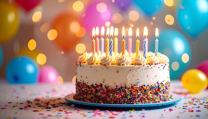 Birthday cake with candles and colorful decorations