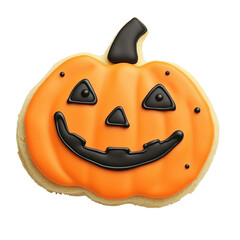 Halloween pumpkin shaped cookie with orange icing and black smiling face decoration, festive treat perfect for autumn celebrations and spooky parties