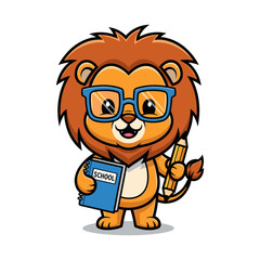 Cute Cartoon Lion Student with Glasses Holding Book and Pencil