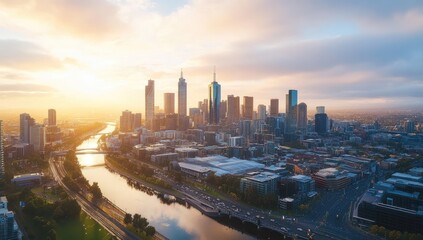 Fototapeta premium City skyline at sunrise, aerial view