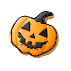Halloween pumpkin shaped cookie with orange and black icing decoration, festive and spooky treat for autumn celebration