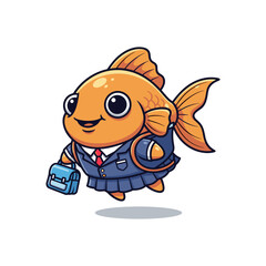 Fototapeta premium Cartoon Goldfish in Suit with Briefcase and Backpack Going to School