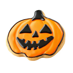 Halloween pumpkin shaped cookie decorated with orange and black icing, festive treat with smiling jack o lantern face perfect for autumn celebrations and parties