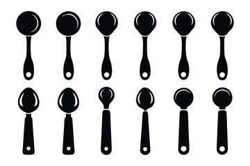 A collection of black silhouette icons representing various types of spoons with different bowl shapes and handle designs on a white background