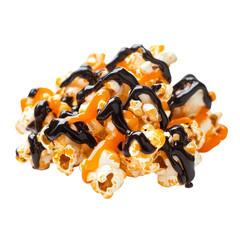 Caramel popcorn drizzled with dark chocolate and orange syrup creates deliciously sweet and visually appealing snack perfect for festive occasions or movie nights