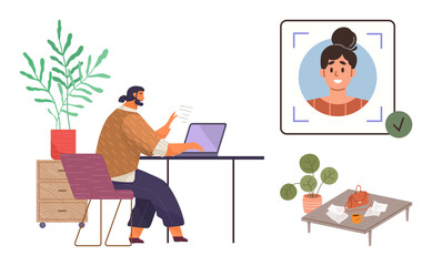 Fototapeta premium Woman using laptop with facial recognition scan for verification. Nearby plants and table suggest home office. Ideal for technology, online identity, remote work, security, modern design