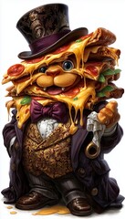 pizza anthropomorphic cute character, dressed in victorian era clothing illustration, isolated on white backrgound