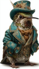 hummingbird bird Anthropomorphic animal dressed in victorian era clothing illustration, standing on back legs like human, isolated on white backrgound