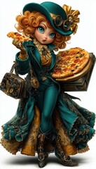 pizza lady anthropomorphic cute character, dressed in victorian era clothing illustration, isolated on white backrgound