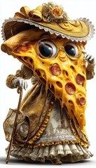 pizza anthropomorphic cute character, dressed in victorian era clothing illustration, isolated on white backrgound