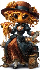 pizza anthropomorphic cute character, dressed in victorian era clothing illustration, isolated on white backrgound