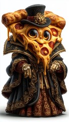 pizza anthropomorphic cute character, dressed in victorian era clothing illustration, isolated on white backrgound