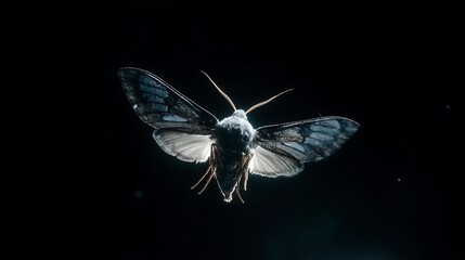 Flying Moth with Outstretched Wings on Black Background