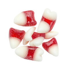 Red and white gummy candy shaped like teeth with sugary coating, creating playful and sweet treat perfect for fun snacking or themed parties