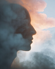 A surreal image of a human profile formed by clouds against a soft sky at sunset.