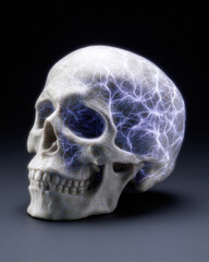 A realistic human skull with glowing electric-like blue and white veins on its surface against a dark background.
