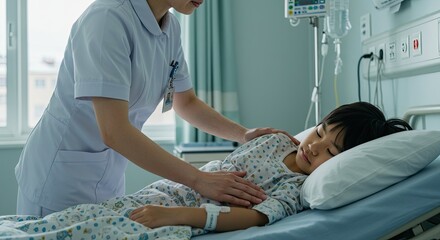 Caring nurse attends to a sick little boy resting in a hospital bed