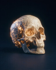 A human skull illuminated with glowing neural-like connections, symbolizing the intersection of biology and technology.