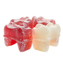 Gummy candy close up with red and white colors coated in sugar granules, showing soft and chewy texture that looks sweet and inviting for tasty treat