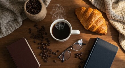 Cozy morning scene with coffee, croissant, books, and eyeglasses on wood table