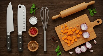 Culinary preparation scene with fresh vegetables and kitchen utensils on wood