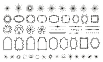 Fototapeta premium Collection of elegant vector design elements: ornate frames, decorative borders, line dividers, and starbursts isolated PNG with Transparent Background