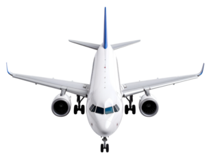 Soaring High: A Frontal View of an Airplane with Blue Tail and Wingtips, poised for its Journey, ready to take off, representing Travel and transportation.