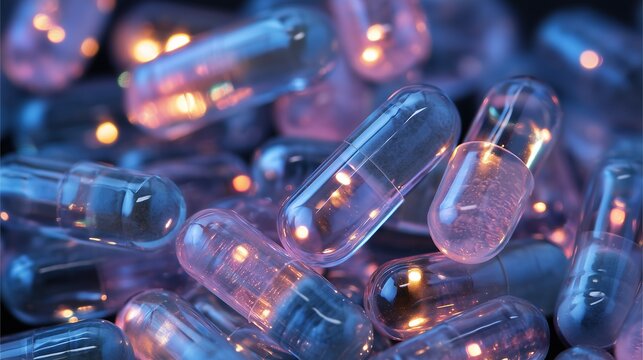 Cool-Toned Dual-Chamber Capsules with Particle Texture in Bokeh Light Emphasizing Nervous System Calm and Inflammation Control