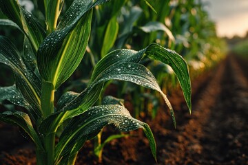 Dew Covered Corn Plants in a Lush Green Field